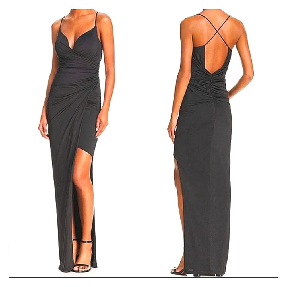 BARIANO Satin asymmetrical ruched waist dress in black. Size small NWT